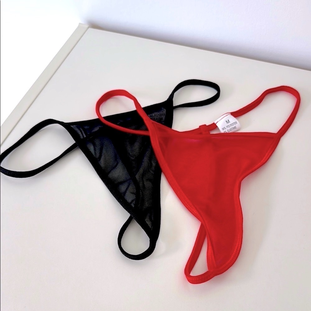 2pc Sheer Red and Black Thong Set